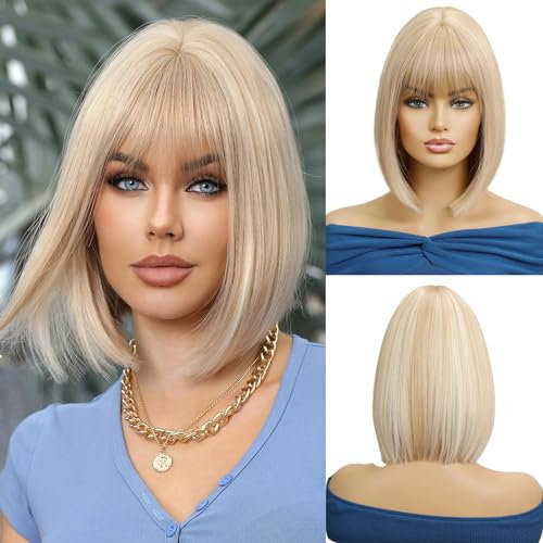 OUFEI Blonde Bob Perücke mit Pony - Synthetisches Haar - Perücken für Frauen - Täglicher & Party Cosplay - Mittelgröße