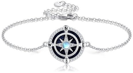 DAYLINLOVE Kompass Armband 925 Sterling Silber Kompass Mondstein Schmuck Kompass Graduation Geschenk für Frauen Männer