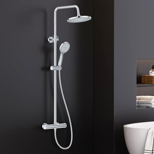 FORIOUS Duschsystem mit Thermostat,Edelstahl Duscharmatur Komplettset mit 25cm Rund-Overhead Regendusche,90-125cm Höhenverstellbare Duschstange, 3 Strahlarten ABS Handbrause Chrom