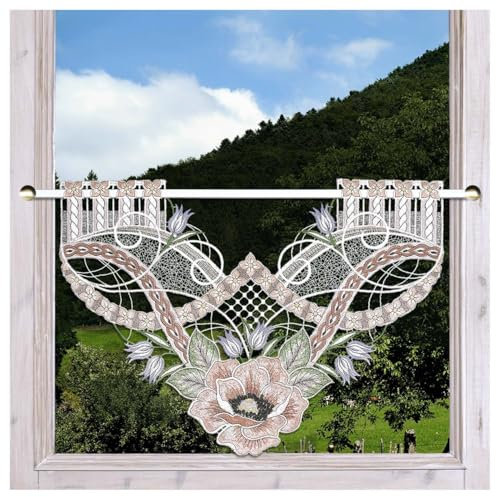 Scheibenhänger Anoki Echte Plauener Spitze Scheibengardine mit Mohnblüte in Pastell Klassische Spitzengardine mit Blumen 30 x 42 cm