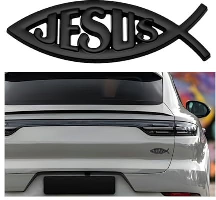 JNNJ Jesus-Fisch-Aufkleber, Christliches Kreuz Fisch-Emblem Metalloptik Aufkleber, Jesus Christian Fisch Symbol Autodekorationen, Autos Zubehör Universal Dekoration Abziehbild for SUV, Auto(Schwarz)