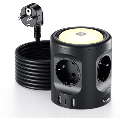 Torre Regleta Enchufes 16A con Luces LED Nocturnas 3 Modos de Iluminación, Cubo Regleta Enchufes con USB Alargador Enchufe 3M, Ladron Enchufes con Interruptor para Casa Oficina Enchufe Regleta