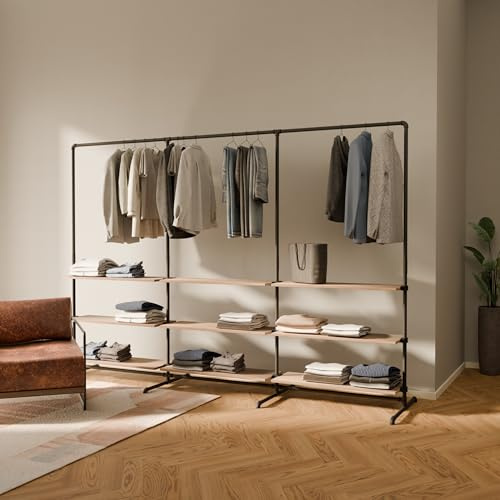 Pamo Kleiderstange freistehend 140 kg Traglast – offener Kleiderschrank | industrial schwarz aus Metall Wasserrohren mit Böden aus massiver Eiche