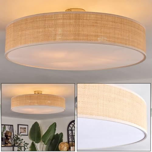 HOFSTEIN Deckenleuchte Foggia, Deckenlampe aus Metall/Bast/Kunststoff in Nickel-matt/Natur/Weiß, runde Leuchte im modernen Boho-Design (Ø 60 cm), E27, Esszimmer, Wohnzimmer, Schlafzimmer, Küche