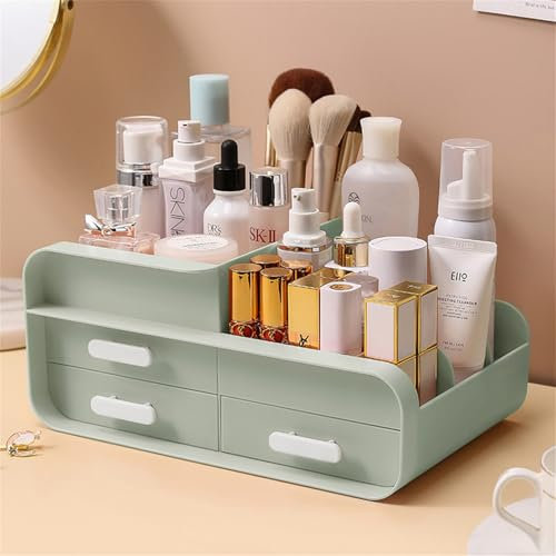 Warmiehomy Makeup Organiser with Drawers, Large Space Make up Organiser for Skincare Cosmetic Storage for Dresser, Bedroom, Bathroom, Green