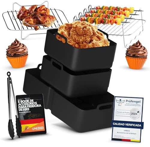 UNBOX Accessori Friggitrice ad Aria - Accessori Airfryer Doppia 1×10,4L e 2×5,2L per Ninja Foodi Flexdrawer AF500EU 10,4L, Cosori 10L, Cecotec 9000 9L - Con Teglia in Silicone e eBook di Ricette