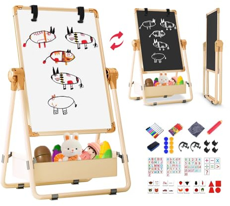 Kinder Staffelei Malerei Doppelseitige Tafel für Kinder mit Kreidetafel & Whiteboard 360 drehbare Höhenverstellbar Standtafel mit Zubehör für Jungen Mädchen ab 3 Jahre (Champagnerfarbe)