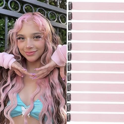 Extension Capelli Colorati Con Clip Rosa ciliegio 12 pezzi 22 pollici Lungo Dritto Sintetiche Resistenti al Calore per Bambini Ragazze Donne Festival Feste Halloween Cosplay