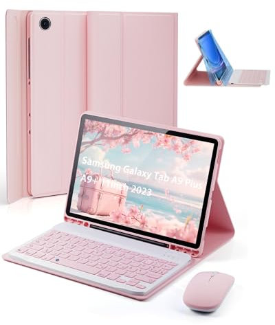 für Samsung Galaxy Tab A9+ Plus Generation Hülle 11 Zoll (2023) mit aufladbarer kabellose Bluetooth Deutsche Zeichen Tastatur (QWERTZ) und Maus, Schlitzhülle Magnetisch Keyboard case Schwarz Rosa