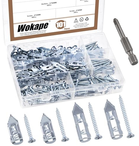 Wokape 201PCS 100 Satz selbstbohrende Dübel Kit, 4 verschiedene Größen Blau-Weiß verzinkte Spreizschrauben Verzinkter Kohlenstoffstahl Selbstbohrende Trockenbauanker Kein Bohren erforderlich