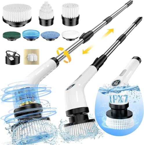FYDEE Cepillo Electrico Limpieza Hogar, Cepillo Limpieza Hogar con 7 Cabezales Reemplazables y Impermeable IPX7, Fregadora Giratoria Eléctrica, Cepillo para Limpieza del Hogar, Baño, Suelos, Bañera