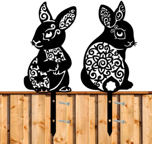 Anwicar Gartenstecker Kaninchen 2 Stück Sitzen Schwarz | Wetterfeste Gartendeko aus Metall für Garten, Balkon und Terrasse