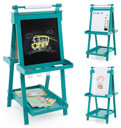 GOPLUS 3 en 1 Tableau Enfant Double Face, Chevalet d'art Enfant Hauteur Réglable, avec Tableau Blanc/Noir Magnétique, Rouleau de Papier, 3 Gobelets à Peinture, 3 Plateaux (Vert)