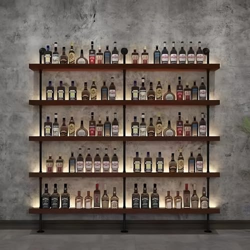 TYHAYJYK Botellero Industrial de Pared, estantes flotantes de Metal rústico de 5 Niveles, Gran Capacidad para Botellas de Licor, Ideal para Bar y Comedor, Nogal (sin Luces, 150 cm)