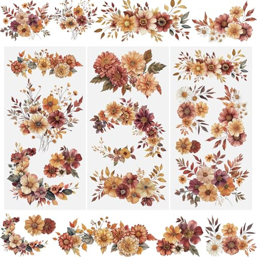 WANDIC 3 fogli di adesivi vintage per scrapbooking, fiori autunnali, adesivi per mobili, decorazioni artistiche per finestre, decalcomanie da strofinare sui trasferimenti per artigianato, 15 x 30 cm