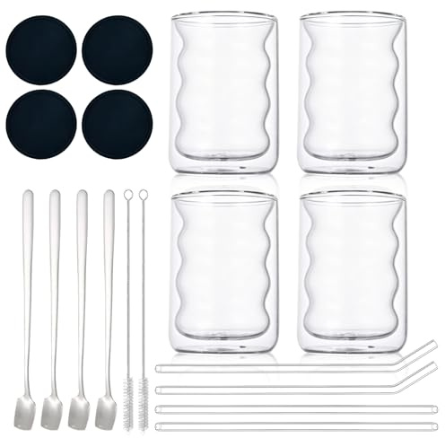 BORDEAG Verres à Café, 4PCS Tasses à Cappuccino Verre 350ml, Tasse à Café Double Paroi, Verres à Latte Macchiato, Expresso Tasse en Verre, Tasses à Latte Macchiato pour Latte, Thé, Glace, Lait, Bière