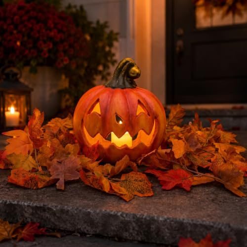 matches21 HOME & HOBBY XXL Halloween-Kürbis Set mit Herbstgirlande - 26 cm Windlicht als Herbstdeko mit LED-Teelicht