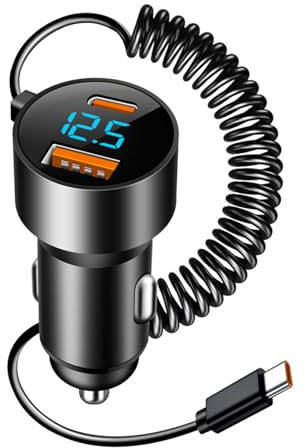 196W Zigarettenanzünder USB C Auto Ladegerät mit 100W Typ-C Spiralkabel, USB-A 66W + USB-C PD30W, Schnelllade KFZ Adapter 12–24V für iPhone 17/16/15, fürSamsung S25/S24, Huawei, Tablet & Laptop