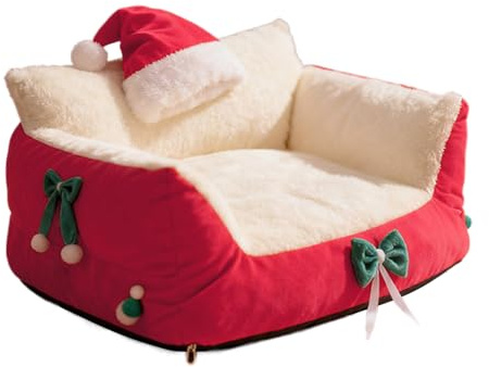 Hundesofa, Katzenbett, Haustier-Liegestuhl, weiches Plüsch-Lammfell-Kissen mit Weihnachtsmannmütze, bequemes Urlaubs-Haustiermöbel, stützende Couch für kleine, mittelgroße Haustiere, Innenschlafzimmer