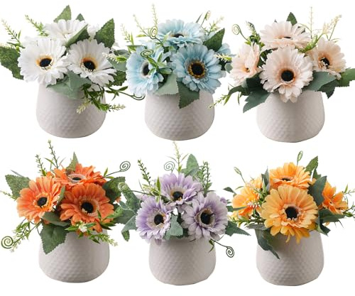 Artificial Flowers with Ceramic Pot, Small Fake Sunflowers in Vase | Faux Silk Spring Summer Flower for Home Summer Decor, Dining Coffee Table Centerpiece, Living Room Season Décor