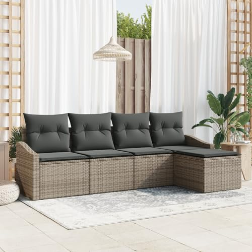 IBUQDDV 5-TLG. Garten-Sofagarnitur mit Kissen Grau Poly Rattan Set für Innen und Außen, Modulares Sofa mit Anthrazitgrauen Bezügen, Wetterfeste Polyrattan Möbel, Bequeme Sitzgruppe