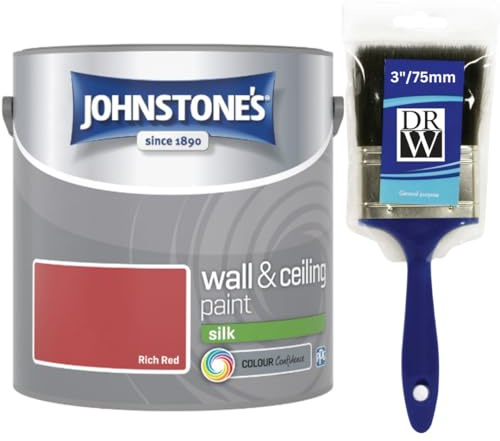 Rich Red Johnstone’s Wall & Ceiling Silk Paint 2.5L + 3 Fence Paint Brush – Smooth Silk Finish, Excellent Coverage, Quick Dry, Low Odour Interior Paint for Walls & Ceilings