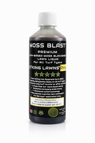 MOSS BLAST 250m² Fast-Acting Lawn Moss Killer by Striking Lawns – Iron Sulphate Liquid | Turns Black in Under 72 Hours | Spray Application | Pet Safe Once Dry