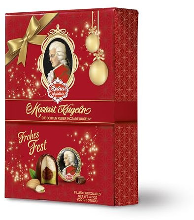 Reber Echte Reber Mozart-Kugeln, Weihnachts-Edition, Pralinen aus Zartbitter-Schokolade, Marzipan, Nougat, Ideales Weihnachtspräsent, 4 x 6er-Packungen