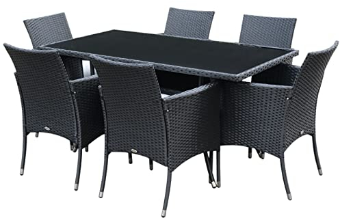 Outsunny 7-Piece Rattan Garden Furniture Set with Cushions, 6 Seater Garden Table and Chairs, Rattan Dining Set with 6 Armchairs, Rectangular Glass Top Table, Black
