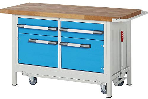 eurokraft | pro | Fahr- und absenkbare Werkbank | Gestellbauweise Serie 8000 | 2 Schubladen | 2 Türen | BxT 1500 x 700 mm