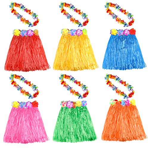 KUUQA 6er-Set, 12 Stück, Hawaii-Gras-Hula-Rock mit Leis-Halskette, Hawaii-Luau-Röcke, Halskette, Kostüm für Kinder und Mädchen, Luau-Geburtstagsparty-Geschenkzubehör (zufällige Farbe)