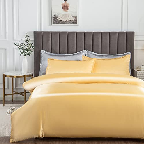 Morbuy Silk Satin Double Duvet Cover with 2 Pillowcases, Gold Bedding Set Easy Care Duvet Cover Set with Zipper Closure - Luxury Ultra Soft Quilt Cover 3 Piece - 200x200cm