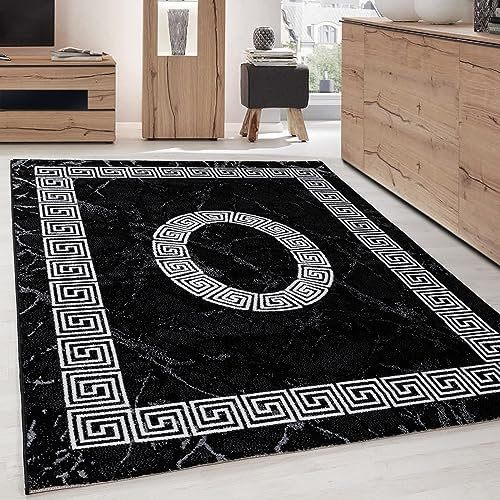 Carpettex Teppich Wohnzimmer Kurzflor 160 x 230 cm Schwarz Modern Mäander-Design -Teppich Schlafzimmer Flauschig Extra Weich Waschbar Küchenteppich Teppich Esszimmer Kinderzimmer Wohnzimmerteppich