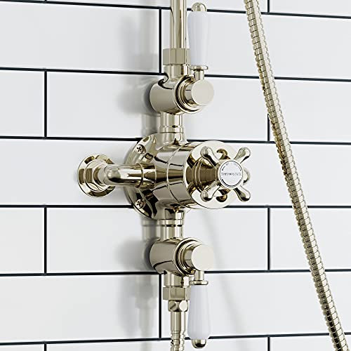 ENKI Downton T68, Double Shower Outlet, Triple Thermostatic Valve, Gold & White Tap Attachment, Classic Shower Valve