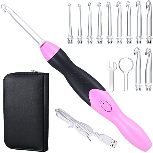 Chuangdi 11 Größen Beleuchtet Häkelnadel Set Wiederaufladbar Häkeln Haken Aufleuchten Häkelnadeln mit Hülle, Austauschbare Köpfe 2,5 mm bis 8 mm für DIY Bastelbedarf (Rosa-Schwarz)