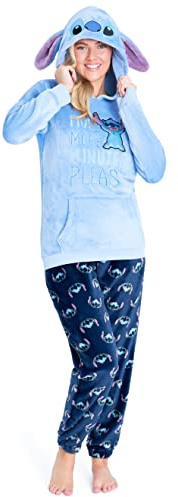 Disney Pigiama Donna Invernale Pile Stitch Minnie Minou Simba Winnie The Pooh (XL, Blu Stitch)