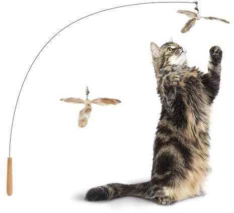 FUKUMARU Giochi per Gatti,Giocattolo a Forma di Bacchetta per Gatti,Giocco con Piuma per Gatti,Manico in Legno con 1 Piume di Ricambio.
