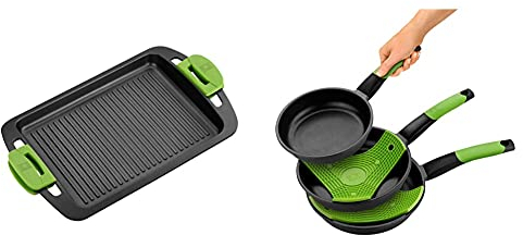 BRA Plancha Asar, Negro, 40 cm Prior Set de 3 Sartenes, Aluminio Fundido Antiadherente, Incluye dos Salvamanteles Safe Verdes, Aptas para Todo Tipo de Cocinas Incluida Inducción, 18-22-26 cm