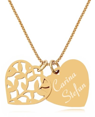 TIMANDO Damen Lebensbaum Kette, Herz Namenskette mit Baum des Lebens Anhänger, Personalisierte Halskette Gravur, Familienkette, Geschenk Mutter goldfarben