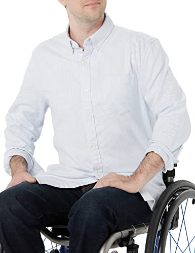 Amazon Essentials Men's Regular-Fit Long-Sleeved Stretch Oxford Shirt with Pocket (Available in Big & Tall), Powder Blue Vertical Stripes, S