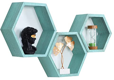 PHOENANCEE Sechseckige schwebende Regale, 3er-Set, Wandmontage, Wabenregal, Holz, Bauernhaus, Büro, hängende Aufbewahrung (Ozeanblau)