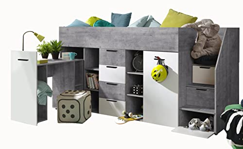 MEBLE KRYSPOL KONKRET 3 Hochbett für Kinder, Jugendliche mit Stauraum - Etagenbett mit Schreibtisch, Schrank, Regal, Schubladen, Treppe - 248,5x93x123 cm - Beton, Weiß mat, Schwarz