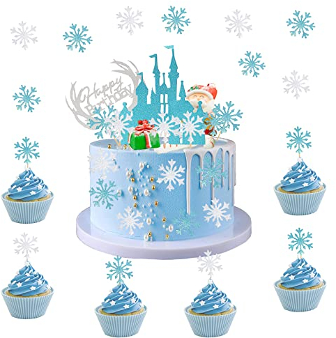 Silars Schneeflocken Tortenaufleger Mädchen, 22stk Happy Birthday Tortendeko Blau Kuchen Deko, Einschließlich Schloss Tortendeko, Schneeflocken Tortenstecker für die Geburtstagsfeier