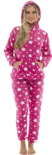 KATE MORGAN Womens Pyjamas Warm Fleece Pyjamas for Women Sets Pjs with Pockets S-XL | Soft Twosie Pyjama Set for Ladies Gifts for Her XL Pink Star Hooded