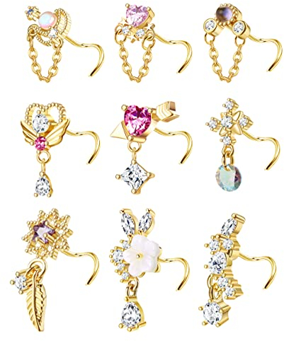 Kakonia 9 Stück 20G Baumeln Nasenpiercing Schmuck für Damen 316L Edelstahl Nasenpiercing Stecker Herz Pfeil Feder Schneeflocke Flügel CZ Dangling Nase Piercing Schmuck