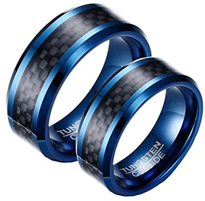 Verlobungsring Paar Dünn, Damen Ring Blau Wolframcarbid 8 mm Blauer Ring mit Kohlefasereinlage Damengröße 65 (20.7), Herrengröße 65 (20.7)