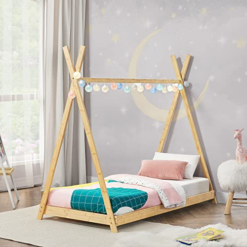 [en.casa] Kinderbett Vimpeli 90 x 200 cm Tipi Bett mit Lattenrost Kleinkindbett Bambus Zelt Spielbett Kinderzimmer