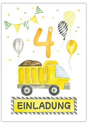 Minkocards 12 Einladungskarten zum vierten Kindergeburtstag 4. Geburtstag Jungen Jungs Baustelle Einladungen zum Geburtstag Kinder bunte Geburtstagseinladungen
