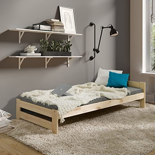 Coemo Massivholzbett Bett 90x200 mit Lattenrost Futonbett Holzbett Holz Kiefer Natur massiv Bettgestell Einzelbett auch als Kinder- und Jugendbett