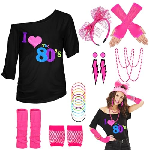 80er 90er Jahre Outfit Damen, I Love 80s T-Shirt, Beinwärmer, Stirnband, Ohrring, Halskette, Netzhandschuhe, 80er 90er Jahre Kostüm Mottoparty Accessoires Kleidung Neon Party Karneval Fasching Damen